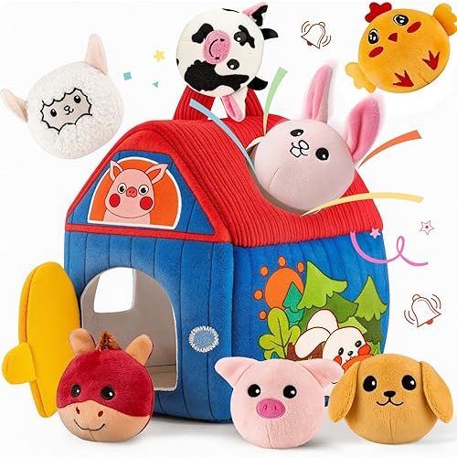 SAIMAND Montessori Farm Toy for Babies, Plush Barn with 7 Soft Animal Toys