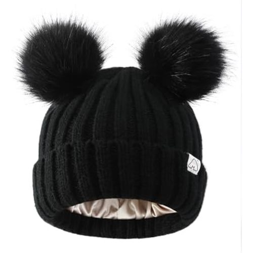 Hat Hut Toddler Beanie Satin Lined Beanie for Baby Winter Hats for Kids Pom Pom Beanie for Boys Girls