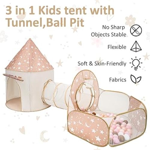 3 in 1 Kids Play Tent with Tunnel, Pop Up Play Tent with Ball Pits for Toddlers and Playhouse Kids Indoor & Outdoor, Perfect Kid’s Gifts