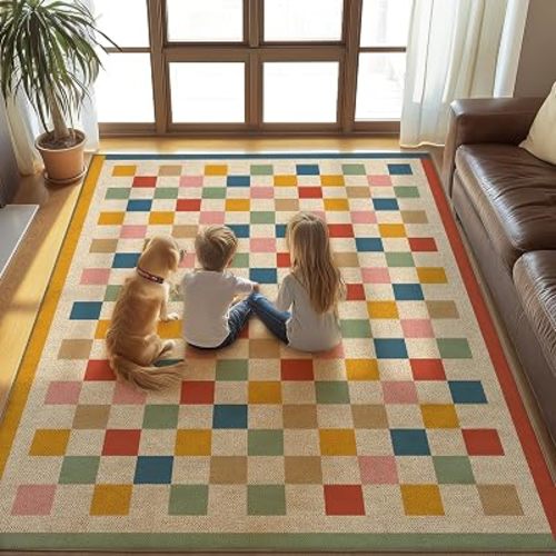Washable 5x7 Colorful Checkered Easy Jute Indoor Outdoor Rug for Livingroom