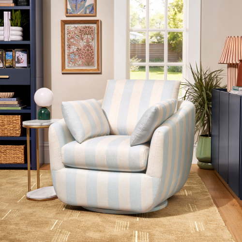 Beautiful Louisa Swivel Chair by Drew Barrymore, Hydrangea and Cream Stripe Fabric