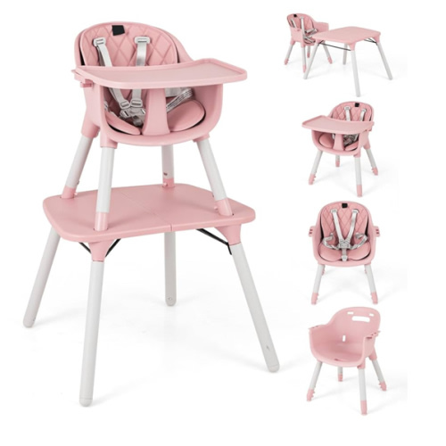HONEY JOY 5-in-1 High Chair, Convertible Highchair for Babies and Toddlers/Kids Chair Table Set/Infant Feeding Chair w/Safety Harness, PU Leather Cushion & Removable Food Tray (Pink)