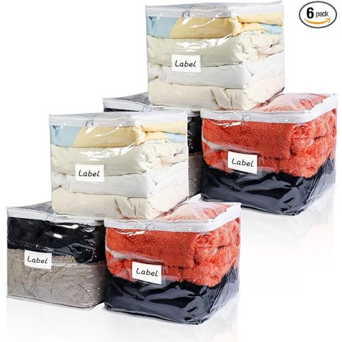 Clear Zippered Plastic Clothes Storage Bags, 6 Pack, White | Clear Storage Bags with Zipper Plastic Storage Bags for Clothes Sweaters Blankets Sheets, Size: 12 x 12 x 12 Inch