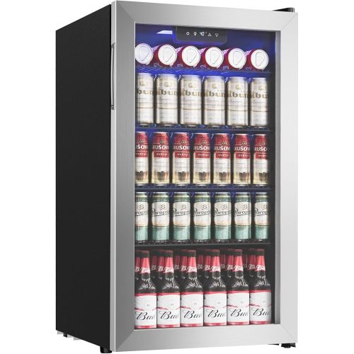 Beverage Refrigerator Cooler - 126 Can Mini Fridge with Glass Door for Soda Beer or Wine, Beverage Cooler for Home, Office, Bar with Adjustable Removable Shelves, Silver