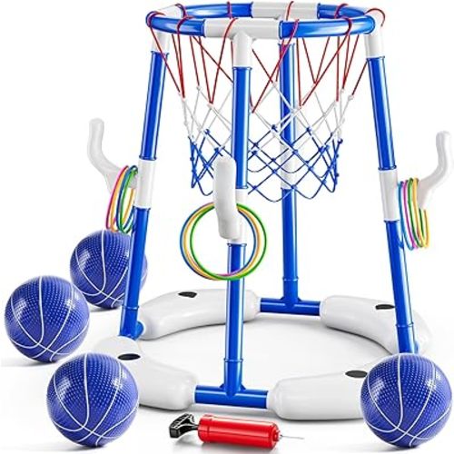 2 in 1 Pool Basketball Hoop Game for Kids Ages 3 4 5 6 7 Year Old, Floating Pool Toys with 4 Balls, Tossing Game, Summer Outdoor Swimming Water Play, Cool Party Gifts for Kids Adults Age 3-12
