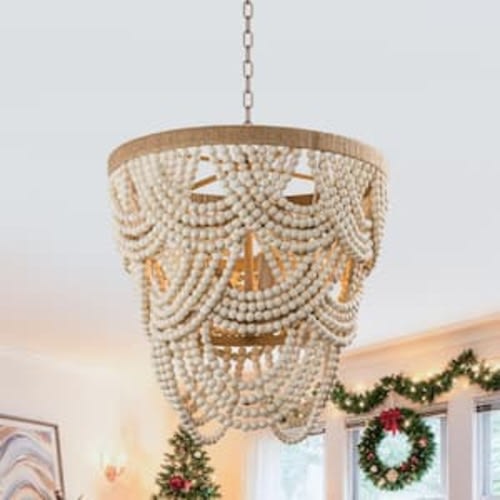 Modern Boho Dining Room Chandelier 4-Light Distressed White Island Chandelier with Wood Beads and Rope