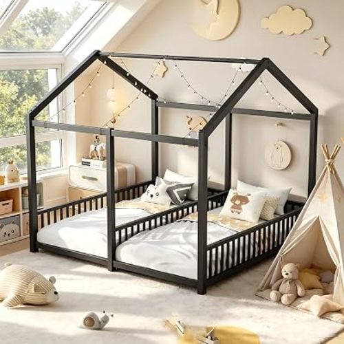 PVWIIK Twin Size Toddler Floor Bed,Double Bed Frames for Two Kids,Black