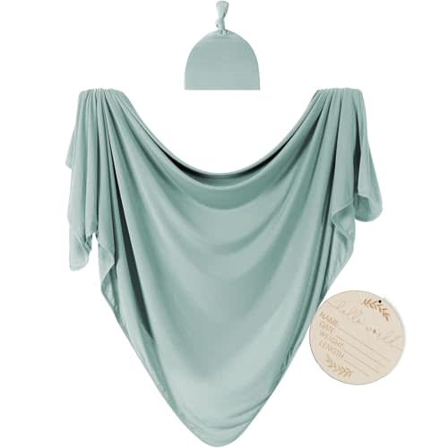 Large Jersey Knitted Swaddle Blanket for Baby, Soft Stretchy Receiving Blanket for Newborns with Hat, Baby Nursery Swaddle 47 x 47 inches(Seafoam)