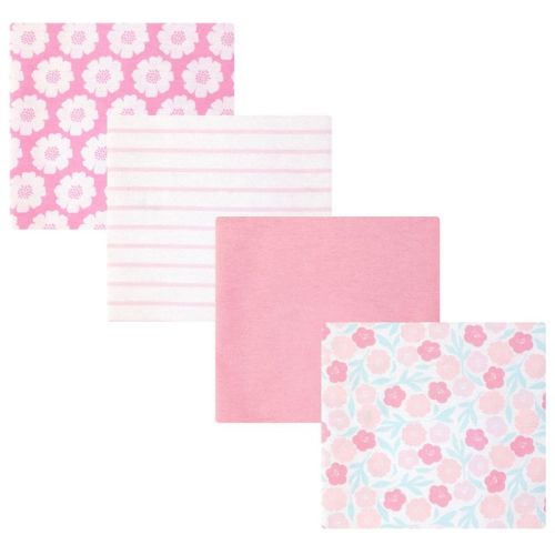 Hudson Baby Infant Girls Cotton Flannel Receiving Blankets 4-Pack, Pink Daisies, One Size