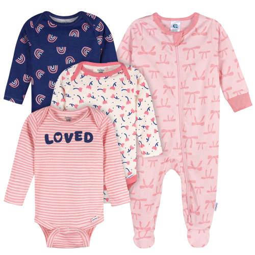 4-Pack Baby Girls Hearts & Dreams Long Sleeve Onesies® Bodysuits and Sleep 'N Play – Gerber Childrenswear