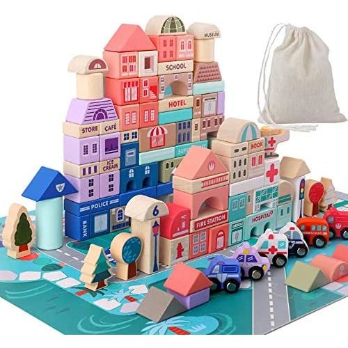 Migargle Wooden Building Blocks Set, 115 Pcs City Construction Stacker Stacking Preschool Learning Educational Toys, Toddler Toys for 3+ Year Old Boy and Girl Gifts