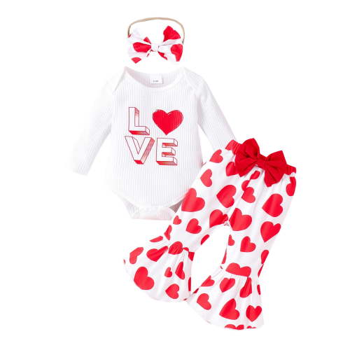Odeerbi 3M-18M Infant Girls 2 Pieces Valentine's Day Cotton Layette Set Letter Love Print Knit Long Sleeve Hoodie + Love Print Flared Pants + Bow Hairband Outfit Baby Clothes White