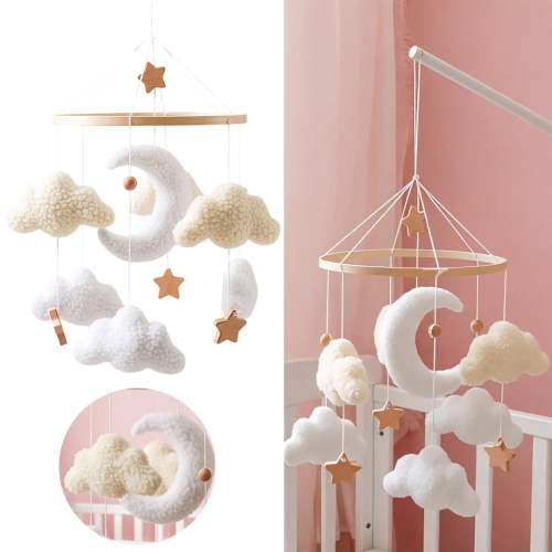 Minimalist Cloud Moon Hanging Mobile, Plush Star and Cloud Decorative Ornament with Wooden Ring, Whimsical Bohemian Ceiling Hanging for Bedroom, Nursery and Home Decor
