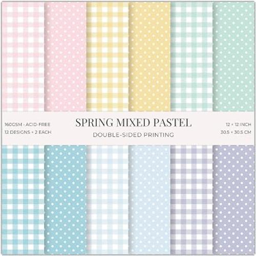 24 Sheets Pink Spring Pastel Essential Patterns Scrapbook Paper Pad - 12x12 inch 160GSM Heavyweight Cardstock, Double-Sided Polka Dot, Gingham Designs for Card Making, DIY Crafts, Photo Album