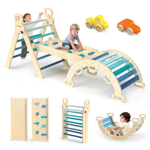 BlueWood Foldable Pikler Triangle Set: Arch, Ramp, Ladder & Cart for Indoor Climbing, 3-Pack