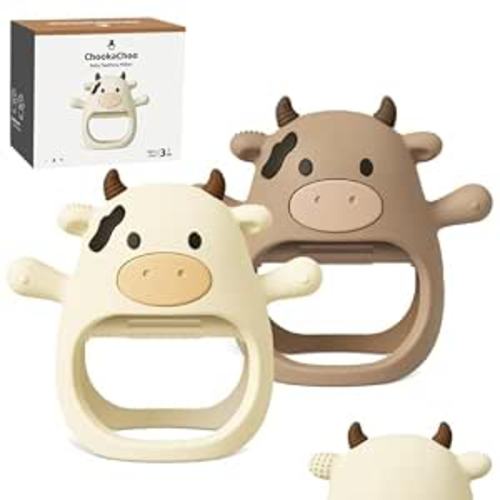 2 Pack Baby Teething Toy for Over 3 Months, Food Grade Silicone Teething Mitten, Anti Dropping Wrist Hand Teethers Baby Chew Toys for Sucking Needs, BPA Free (MooMoo Cow)