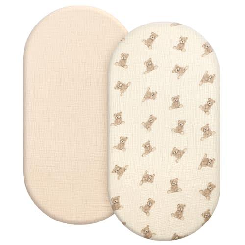 100% Organic Cotton Muslin Baby Bassinet Sheets 2 Pack 33”x17” for Baby Girl Boy, Soft Fitted Mattress Pad Cover Compatible with Halo BassiNest Swivel Sleeper, Graco, Baby Delight, Chicco, Angelbliss