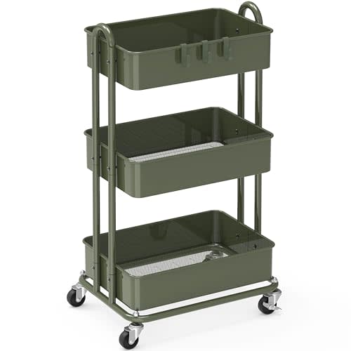 Simple Houseware 3-Tier Heavy Duty Metal Utility Rolling Cart, Army Green