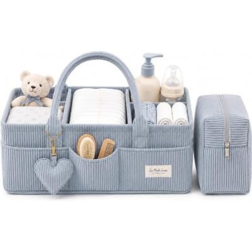 Baby Diaper Caddy Organizer w Handles, Soft Corduroy Nursery Storage Basket, Portable Diaper Organizer Bin for Wipes, Newborn Baby Essentials, Baby Shower and Registry Gift (Dusty Blue)