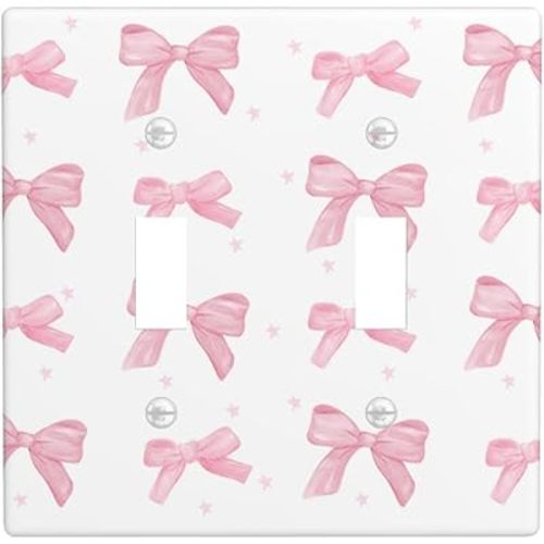 Pink Bow Double Toggle Light Switch Plate Cover 2 Gang Decorative Outlet Plate Electrical Wall Plate Covers Receptacle Decorate Plug Covers For Kitchen Bedroom Bathroom Decor 4.5" X 4.5"