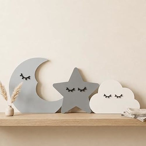 3 Pcs Moon and Stars Nursery Decor, Wooden Nursery Shelf Decoration, Boho Decor Celestial Cloud Moon Star Set for Wedding Baby Shower Boys Girls