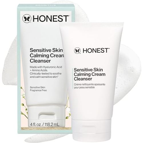 Honest Beauty Sensitive Skin Calming Cream Cleanser, Gently Cleanses Hydrates Calms, Hypoallergenic, Fragrance-Free, Vegan, 4 fl oz