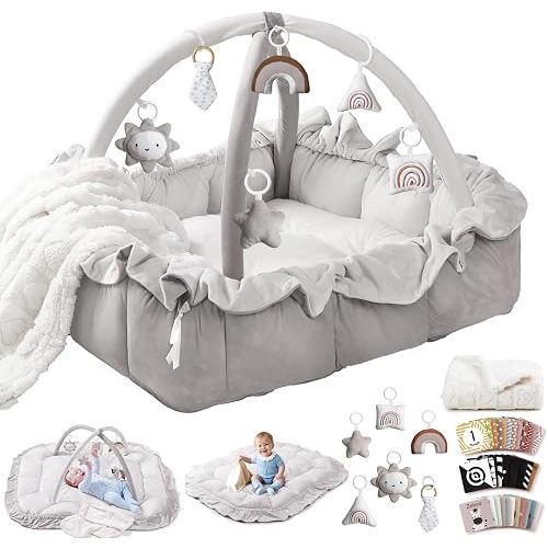 5-in-1 Plush Baby Play Gym, Baby Play Mats, Convertible Baby Gym with Blanket and 6 Toys, Tummy time mat, Baby Activity Center from Newborn to Toddler, Baby Gym, Ball Pit, No Ball Included, Gray
