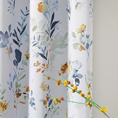 MYSKY HOME Floral Blackout Room Divider Curtains 80 inches Long for Bedroom Patio Sliding Door Thermal Insulated Privacy Curtains for Extra Wide Window Living Room, 2 PCs, Yellow and Blue, 52" Wide