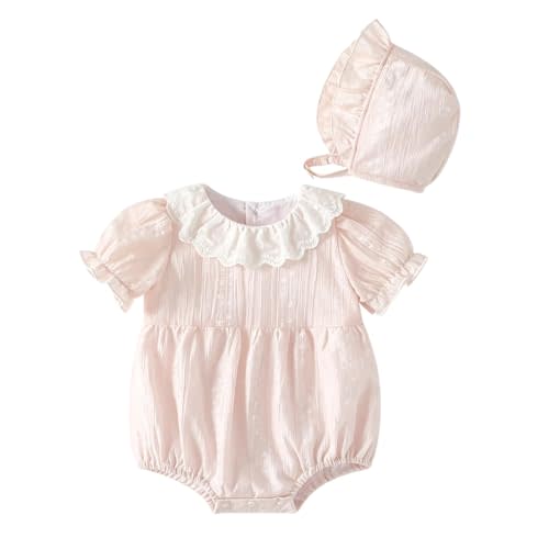 Baby Girl Bubble Romper Ruffle Lace Peter Pan Collar Puff Sleeve Bodysuit with Bonnet Baby Cute Summer Outfits