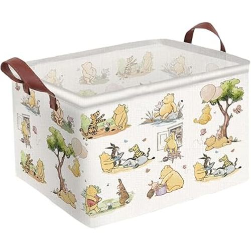 Greatingreat Winnie Baby Laundry Basket, Foldable Small Hamper with Canvas & PE Coating, Collapsible Portable Clothes Organizer for Nursery, Home, Bedroom Storage (White)