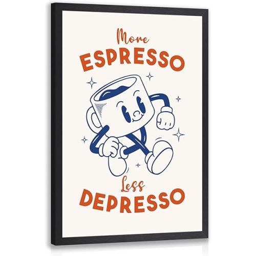 Cyebmo Black White Coffee Wall Art, More Espresso Less Depresso Wall Decor, Funny Coffee Canvas Painting, Cute Cartoon Cafe Cup Poster Print for Kitchen Office Cafe Bar Wood Framed 8x10 Inch