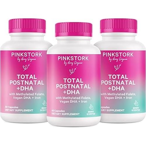 Pink Stork Total Postnatal Vitamins for Women with Vegan DHA, Iron, Folate, and Vitamin B12, Postpartum Recovery Essentials, Daily Supplement for Breastfeeding Moms - 3 Month Supply