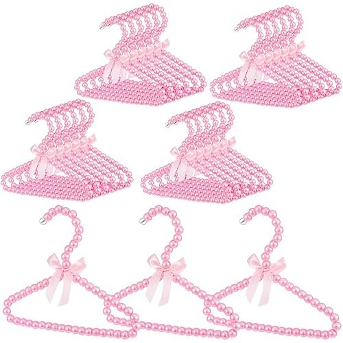 Wesiti 25 Pcs Small Pearl Hanger Mini Pearl Metal Elegant Clothes Hangers with Ribbon for Women Dog Cat (Pink)