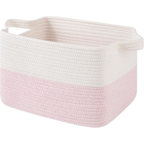 OIAHOMY Woven Storage Basket for Shelves, Rectangle Cotton Rope Baskets for Organizing, 13 x 10 x 9 in, Storage Bins for Dog Toys,Towel,Books,Gift,Pink and White