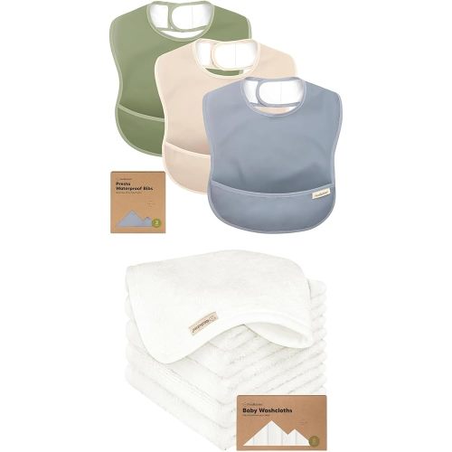 Keababies 3-Pack Waterproof Baby Bibs for Eating and Baby Washcloths for Newborn, Kids - Lightweight Baby Bib with Food Catcher, Mess Proof Toddler Bibs - Bath Baby Towels, Face Towel, Face Cloths
