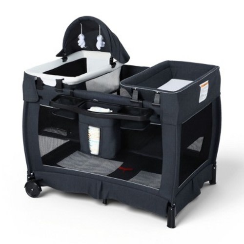TODECARE 4-in-1 Baby Bassinet & Pack and Play with Bedside Sleeper and Diaper Changer, Portable Crib with Mattress & Mosquito Net, Dark Gray
