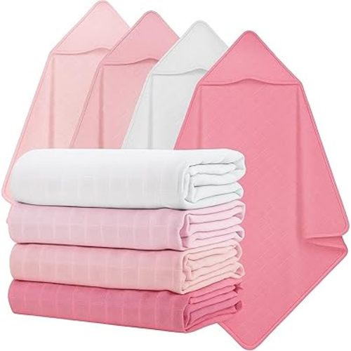 Preboun 4 Pcs Muslin Hooded Baby Towels,32"x 32" Cotton Newborn Bath Towel Muslin Infant Baby Blankets Absorbent Unisex Newborn Registry Gift for Girls Boys(Pink Series)
