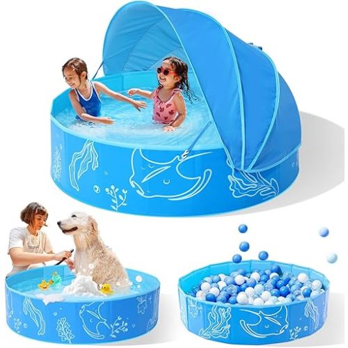 Foldable Kiddie Pool with Canopy: 47in Baby Pool and Beach Tent for Toddlers Infants 6-12 Months and Kids 2-4 Years Old - Portable Water Play with Shade for Outdoor Backyard Beach (Blue-Blue)