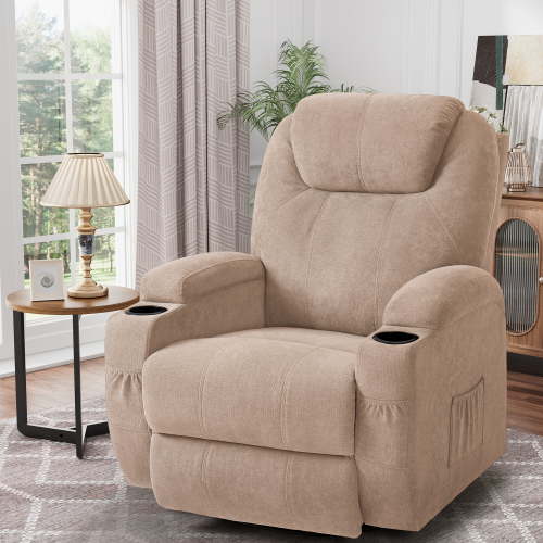 Vineego Recliner,Modern Fabric Rocking Chair with Massage,360 Degree Swivel Single Sofa Seat with Drink Holder