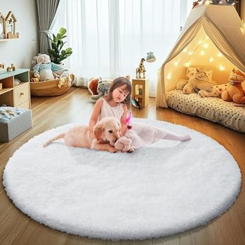 White Fluffy Round Area Rugs for Bedroom,3'X3'Shag Circle Small Area Rugs