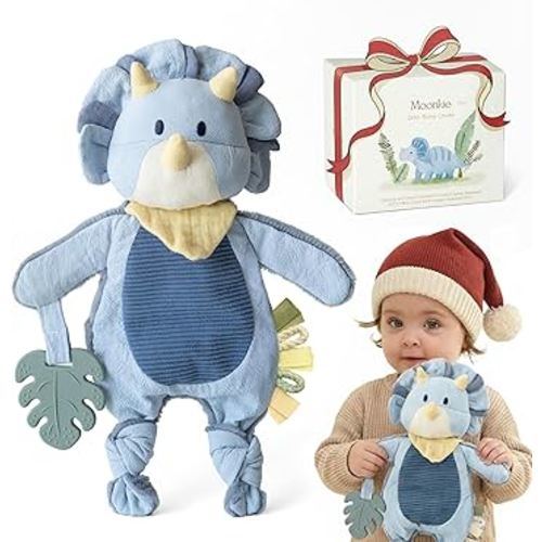 Moonkie Baby Lovey with Silicone Teether, Dinosaur Security Blanket with Textured Ribbons, Crinkle Toys, Soft Minky Velour & Natural Cotton, Newborn Boys Gifts for Baby Shower & Birthday