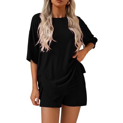 KIRUNDO 2 Piece Sets for Women Summer Lounge Sets Casual Oversized Tshirts Shorts Matching Airport Travel Outfits Postpartum