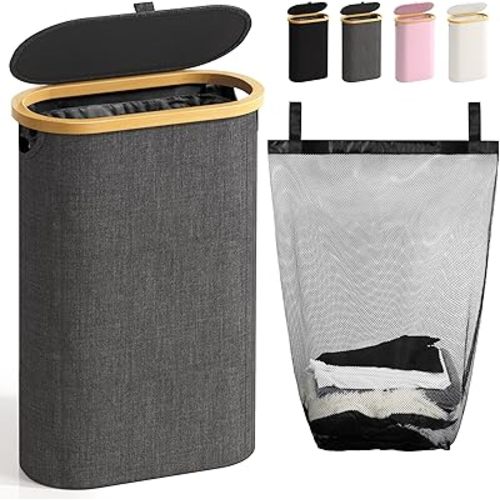 Slim Laundry Hamper with Lid, 60L Small Laundry Basket with Handles&Removable Bag, Thin Dirty Clothes Hampers for Laundry, Narrow Laundry Hampers for Bedroom Aesthetic, Dark Grey