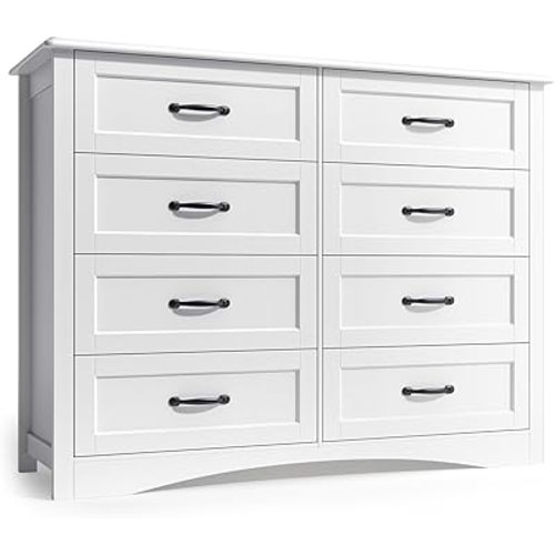 Gizoon 8 Drawer Dresser for Bedroom，Larger Chest of Drawers with Metal Handle for Kids Room, White Dresser with 8 Storage Drawers for Living Room, Entryway and Hallway, White, Painted