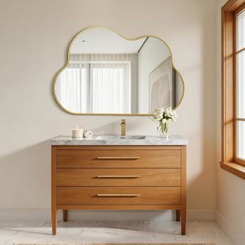 Irregular Wall Mirror, 39.4"x27" Gold Cloud Shaped Frameless Mirror, Asymmetrical Tempered Glass Accent Mirrors for Entryway Bedroom Nursery Hallway Living Room
