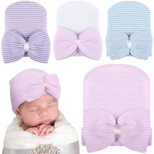 Cuffbow 4 Pcs Preemie Hats Bow Cap Warm Hospital Premature Baby Cotton Beanie for Premature Boy Girl Newborn 3-7 Lbs Infant