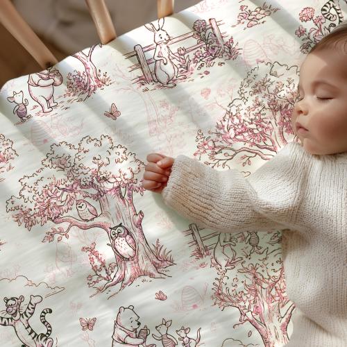 Pink Pooh Inspired Crib Sheet Neutral Storybook Bear Inspired Vintage Woodland Bedding Baby Fitted Sheet Hundred Acre Woods Nursery Decor