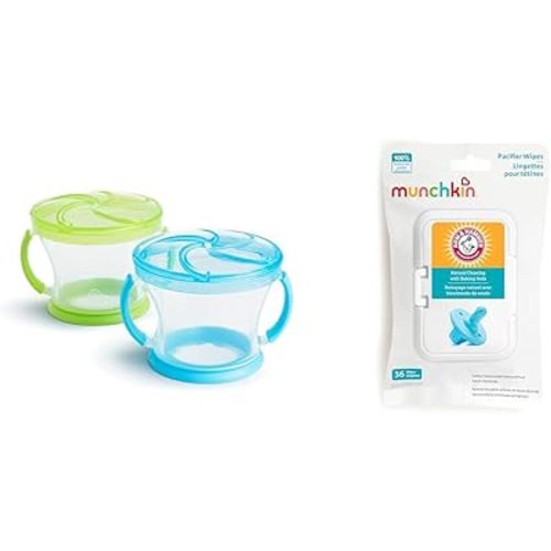 Munchkin Snack Catcher Toddler Cups 2 Pack and Pacifier Wipes 36 Count Clean Baby Bottles Toys
