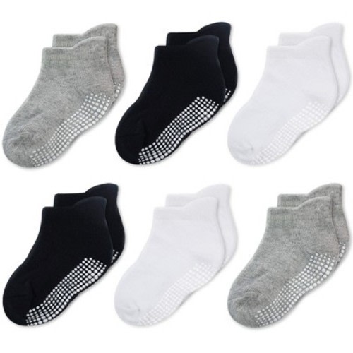 Cozyway Non-Slip Ankle Style Socks with Grippers, 6 Pack for Baby Boys and Girls, Black White and Gray, 6-12 Months