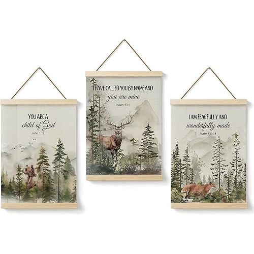 DENDOFENGE Christian Forest Animal Nursery Wall Art Prints, Bible Verse Wall Decor with Wooden Poster Hanger Frame, Nature Bear Deer Fox Posters for Church Nursery Kids Room, 12x16 Inch Set of 3